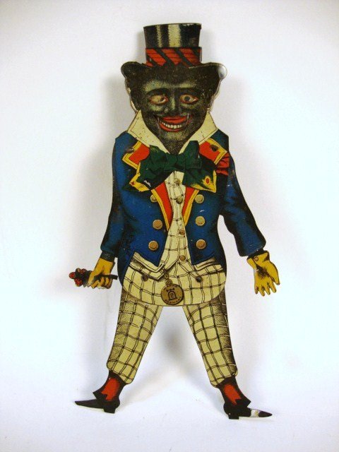 Lehman Minstrel Hand Toy: Lehman Minstrel Hand Toy flat diecut w/moveable hat, eyes, mouth, arms and legs push top hat down and face changes, mouth opens, marked Germany 7 1/2"