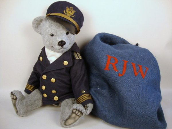 R.John Wright Bear Captain: R. John Wright 20" Bear Captain 98/250, Original in RJW Blue burlap sack w/certificate of authenticity