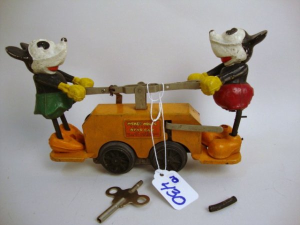 Lionel Mickey Mouse Hand Car in OB: Mickey Mouse Wind-up Hand Car w/key, 10 pcs. track (8 curve, 4 straight)