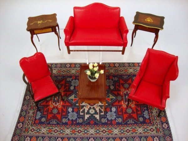 Artist Furniture: Leather Living Room Set, 3 Tables, 2 w/inlay, Elliot Flowers, Queen Anne Tea Table, 7 pcs. , 14" t