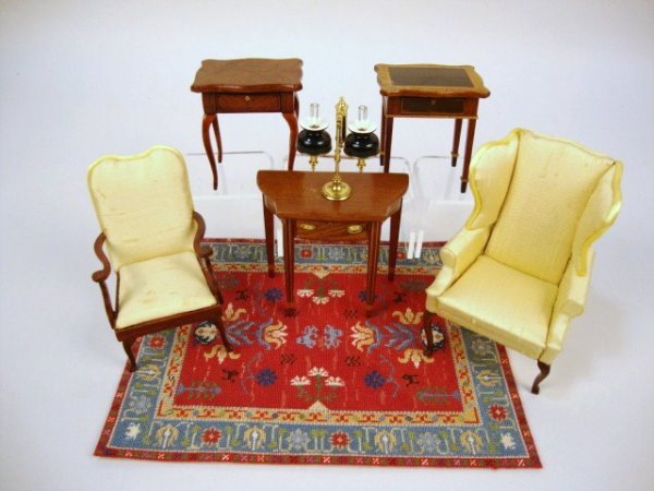 Artist Furniture: Wing Chair, Arm Chair, Inlaid Hepplewhite Table, 2 End Tables & Lamp including excellent hand stitched Oriental Rug, 7 pcs. , 4 1/2" t