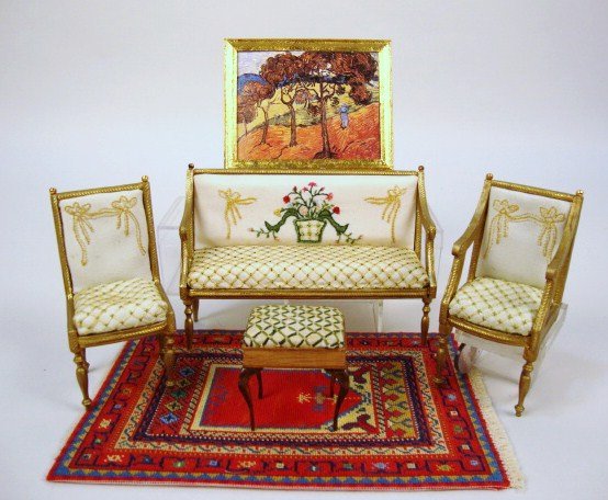 Artist Furniture: Six pcs. Artist Items, 4 pcs. Gold Painted & Needlework Sofa & Arm Chair, handmade Oriental Carpet, Painting 3 1/4" t