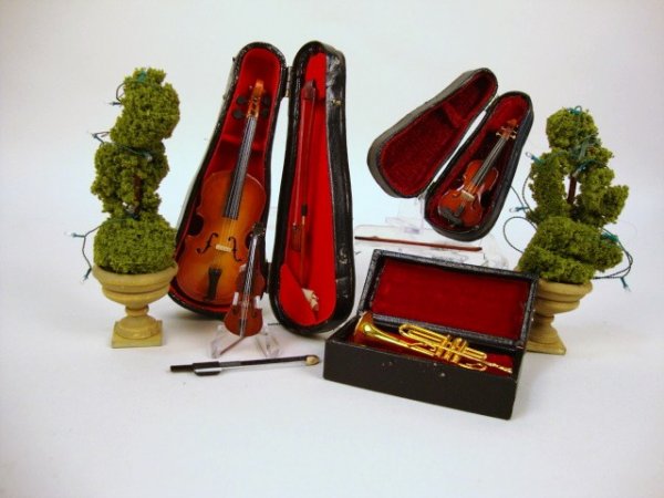 Artist Miniature Instruments: Artist Miniature instruments, Cello, 2 Violins & Saxophone, plus 2 plants, 3 " t