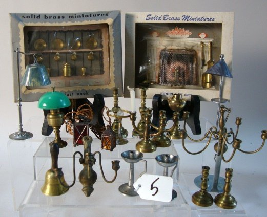 Brass Dollhouse Lighting: Large Lot, Brass Dollhouse Lighting & Fireplace, Two in Original Boxes, Pole Lamps, Hanging Lamps,Candles,etc. 19 pcs.