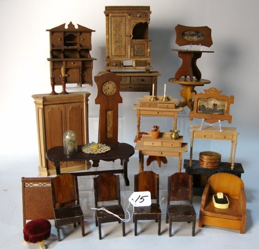 German Dollhouse Furniture: Grouping Wooden Dollhouse Furniture,Clock, Cupboards, Some German, Artist pcs. , approx. 25 pcs.