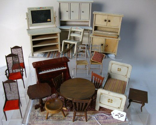 Dollhouse Furniture: Large Lot, German Painted Furniture, American, Organ, Rugs, approx. 20 pcs. , 8 1/4" t