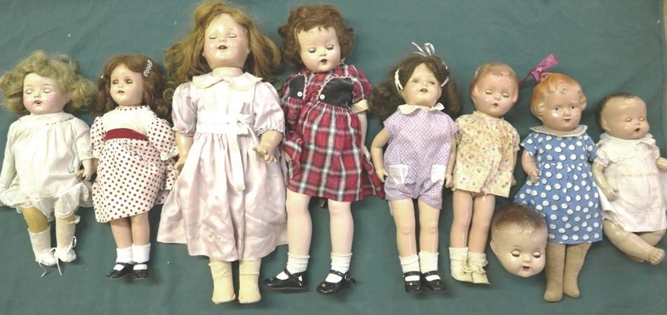 Eight Composition Dolls: Eight Composition Dolls, all sizes and shapes, one looks like Patsy, others nice condition, no markings………great bid fun lot!