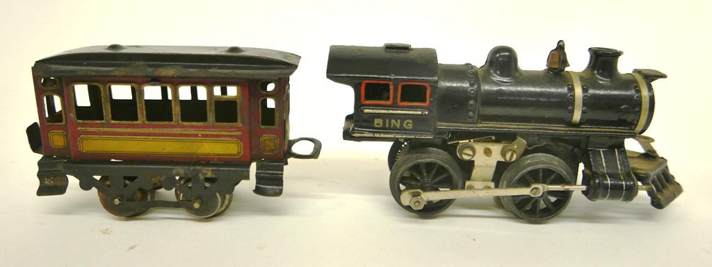 Bing Die Cast Locomotive, Tender, Coach: Bing Die Cast 0-4-0 Locomotive w/Tender and Coach Car
