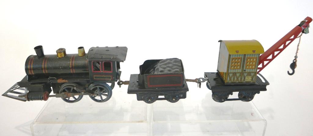 Germany Clockwork Tin Locomotive, Tender, Crane Car (1 of 3)
