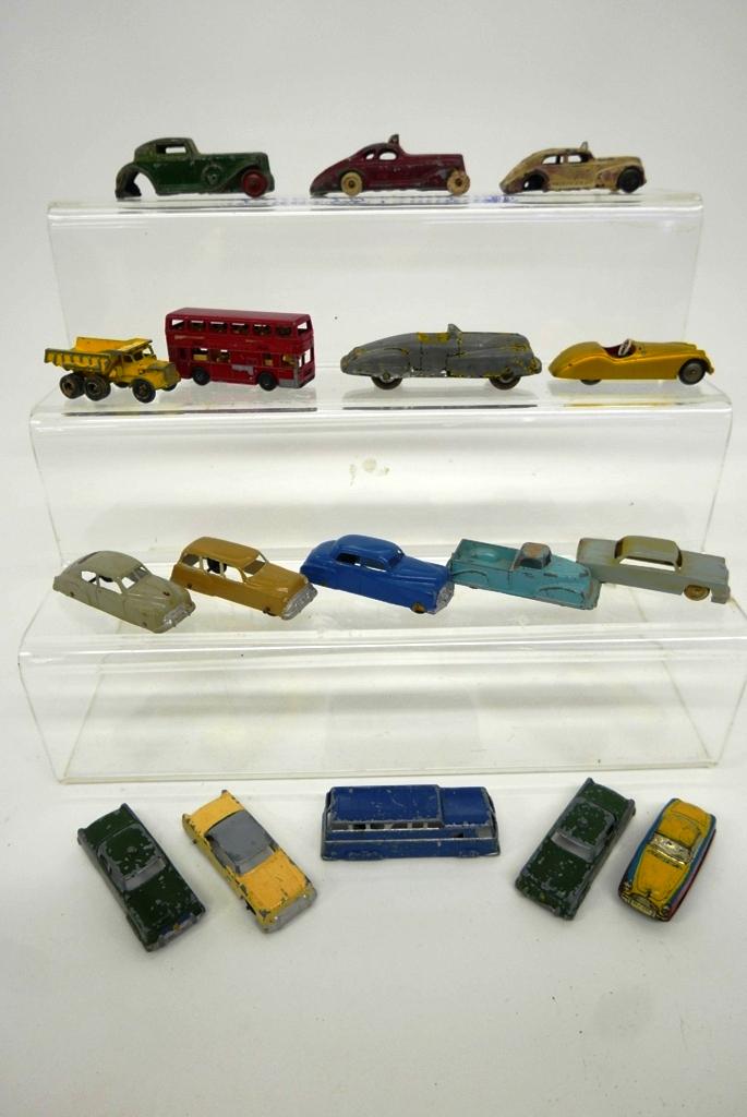 Vintage Die Cast Cars and Trucks: Vintage die cast vehicles - 17 pieces, Goode, Midgtoy, Renewal, Matchbox - 1963 Euclid, Techno-Jaguar, some missing wheels & axles, 4" x 1 1 1/2" x 1 1'2"