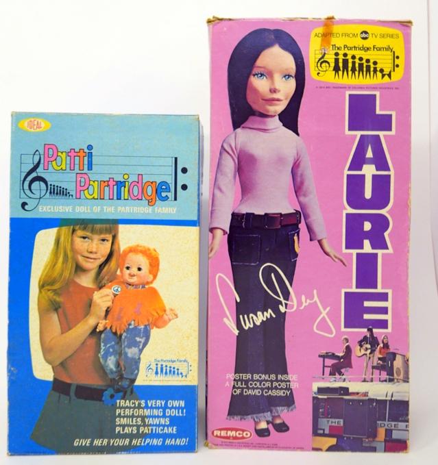 Laurie Partridge & Pattie Partridge Family Dolls in: Laurie Partridge, Susann Day, in Original box, 1973 Remco , Box 27 x 9 1/2" , doll is 18" tall, Laurie Dressed in Turtleneck and fringed leather Jeans, not sure is poster is there, together with Ideal