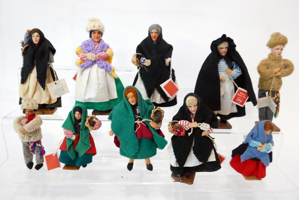 Collection of Character Dolls Handmade by Jay of Dublin: Seven adult character, 3 smaller adult character, 7 dolls 6 1/2" tall, 3 smaller dolls 5" tall