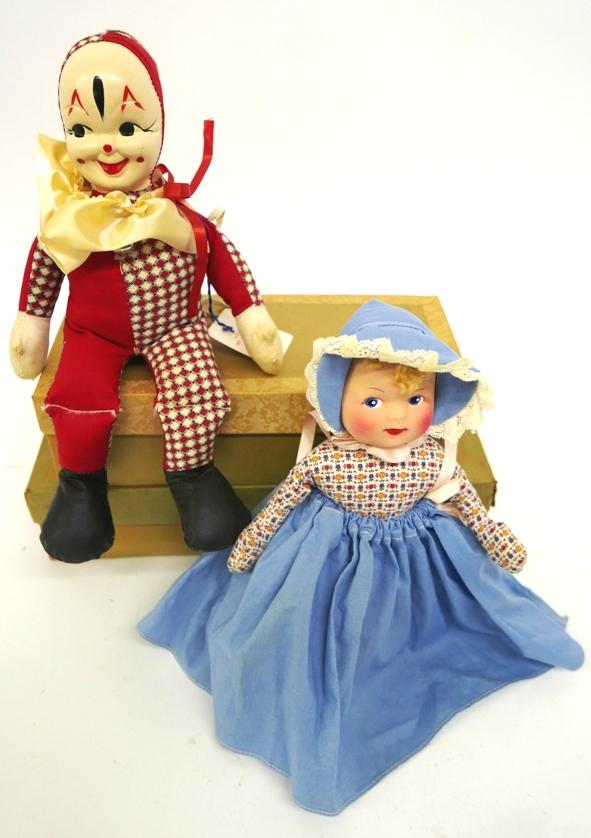 Georgene Dolls in Original Box: Georgene Doll in original Box with Molded Cloth face, turn upside down, one is awake with smile the other is asleep 10", she is beautiful, together with Pipe the Clown in original box, in superior con