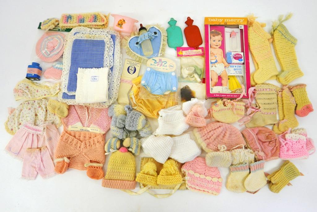 Collection of Doll Accessories: Knits, Powder, Hot water bottos, gloves, baby bottles……..box Full!