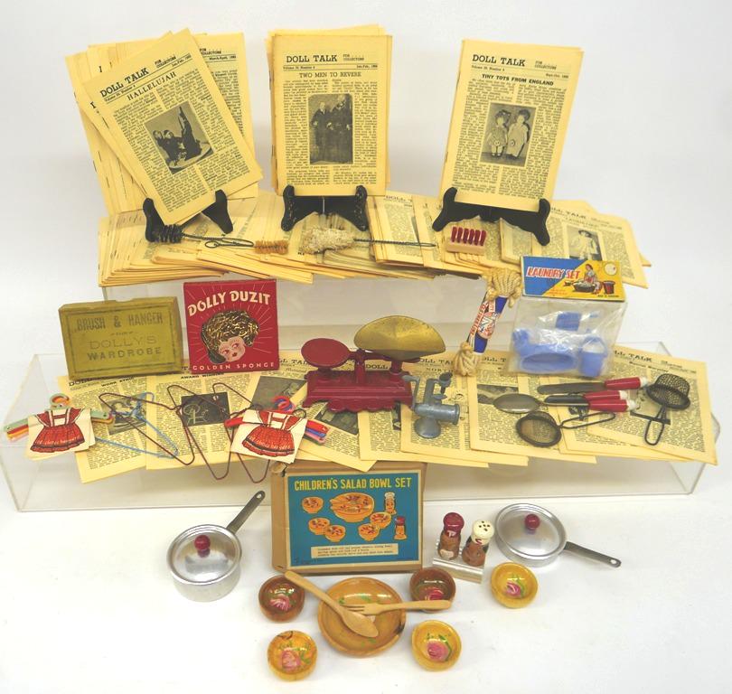 Doll Toys in original boxes and Packs: vomtage sca;e ,osomg weogjts. Dolly's Wardrobe brush andhandger in ob, Salad Bowl Set ob, Pots and Pans lots of kichen accessories alll on op except for one