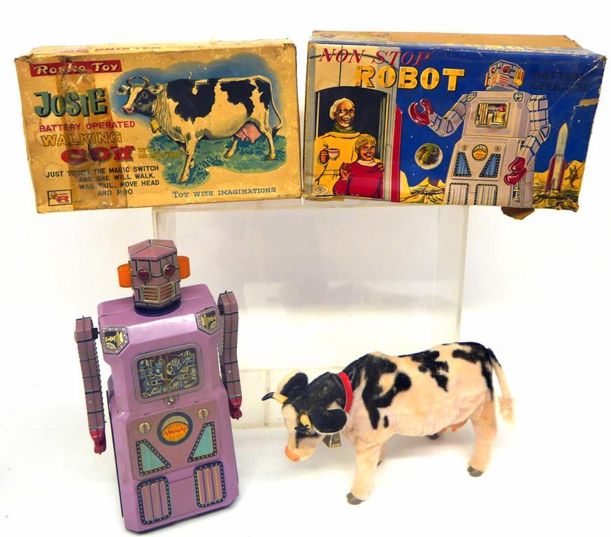 RARE LAVENDER  TIN ROBOT  & Rosko Walking Cow (1 of 20)