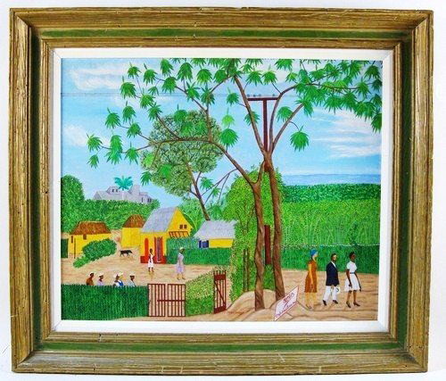 Philome Obin, oil on masonite.: Philome Obin (Haitian 1892-1986) "La Vie au Village", oil on masonite, 20 x 24 inches, signed lower right center recto "Ph Obin", original frame. Provenace, the estate of Charles and Carolyn Sunstein.