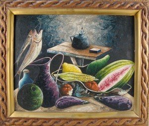 Jacques-Enguerrand Gourgue, oil on board.: Jacques-Enguerrand Gourgue (Haitian 1930-1996) Still life with Fruit and Fish, oil on board, 30-1/2 x 24 inches, signed lower center right recto "J E Gourgue", framed.