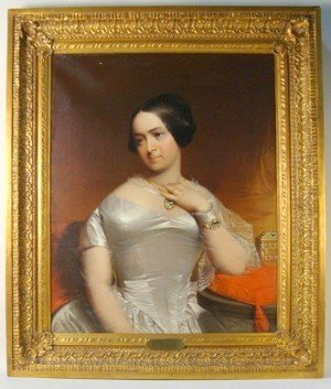 John B. Neagle, oil on canvas.: John B. Neagle (American 1796-1865) "Portrait of Mrs. Messchert", oil on canvas, 36 x 29 inches, signed, dated, inscribed verso "Painted by John Neagle, June 1850, Philada" excellent gold leaf frame.