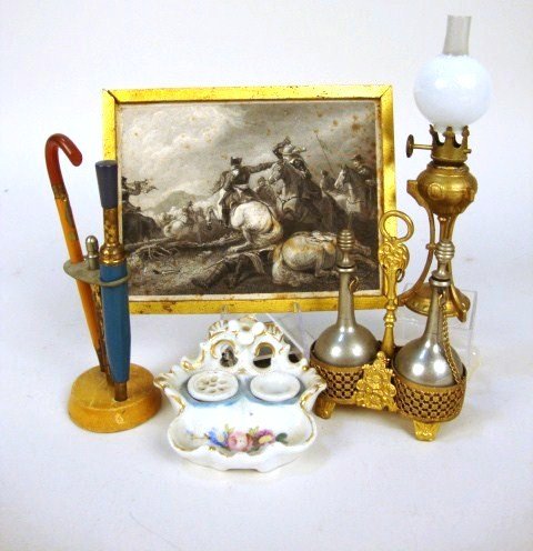 Larger Scale Accessories: A gilt metal table lamp with globe 5" H, an ormolu cruet stand with two cast metal bottles, a pretty china inkstand with gilt and floral decoration, a wood and metal umbrella stand marked Germany (umb
