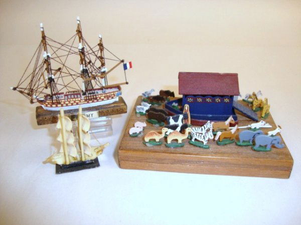 Artisan Noah's Ark and Ship Models: A delightful unsigned miniature Noah's ark with dozens of paired animals, possibly by the Kummerows and measuring 1.25" L, plus a model of the Valmy signed by Tony Podsack and an older ship made of bo