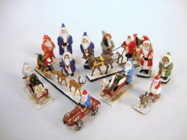 Kummerow Santas: Large Grouping of Kummerow Santas in all shapes and modes of transportation, sleighs, etc. Great Collection 1/2" to 1" H