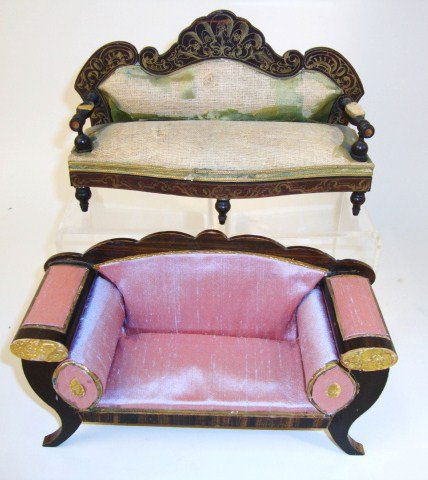 Pair of Antique Waltershausen Settees: Larger scale German Biedermeier settee 8' L with rosewood graining, bolsters, and reupholstered in iridescent mauve silk with Dresden paper trim, and a Boulle settee 7.5" L with turned feet and arms a