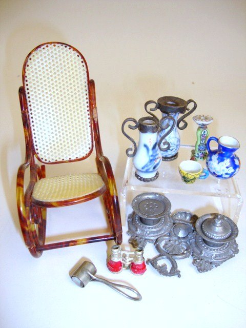 Celluloid Thonet Rocker and Pottery: An elegant rocking chair with tortoiseshell effect 4" H, two blue and white ceramic vases with metal base and handles, a Limoges candlestick, a jug and pair of opera glasses. Also a larger scale cast