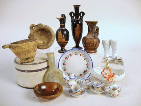 Antique China Teaset with Original Box: Nicely scaled antique teaset marked Germany with original cardboard box (teapot under 1" H), and additional pieces of pottery including ewer and vase decorated in ancient style and some very early pot