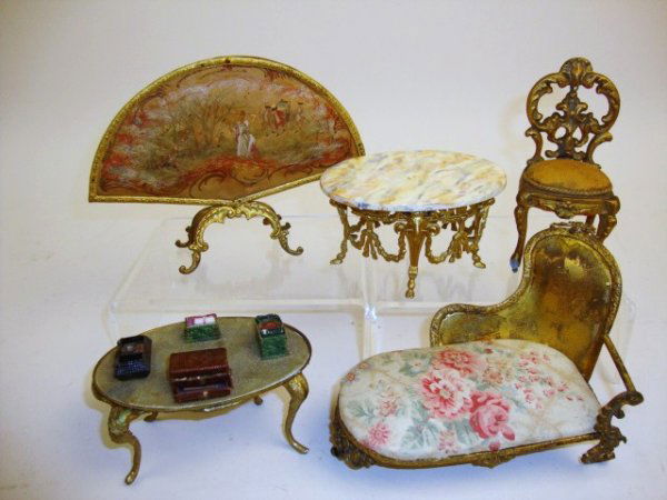 Viennese Firescreen and Furniture: A lovely Viennese gilt metal firescreen, fan-shaped with hand-painted genre scene 6" W, a chaise missing some upholstery, a heavy gilt metal side chair and table made of composition with an assortment