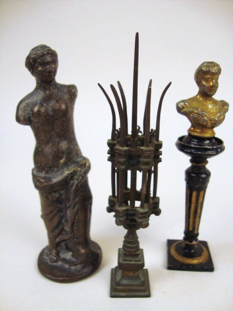 Miniature Metal Figures: Venus, bust & pedestal, decorative urn. 3" H.
