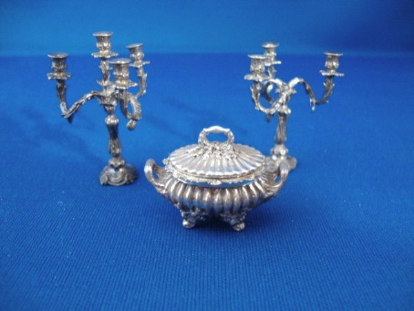 Harry Smith Vegetable Dish and Candelabras: Harry Smith covered ribbed casserole marked "HS" 35/75 sterling, together with one three-arm and one four-arm Georgian candelabras 59/150, 26/75. 1 3/8"H.