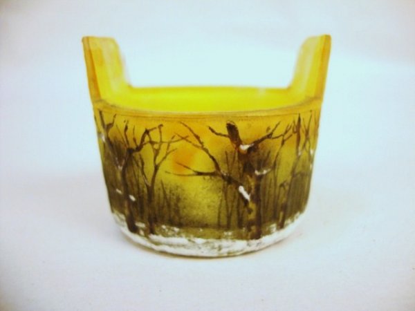 Miniature Daum Nancy Winter Scenic Open Salt: Miniature Daum Nancy winter scenic open salt, washtub form, snow scene on base, signed in enamel on bottom 1 7/16" x 1 11/16".