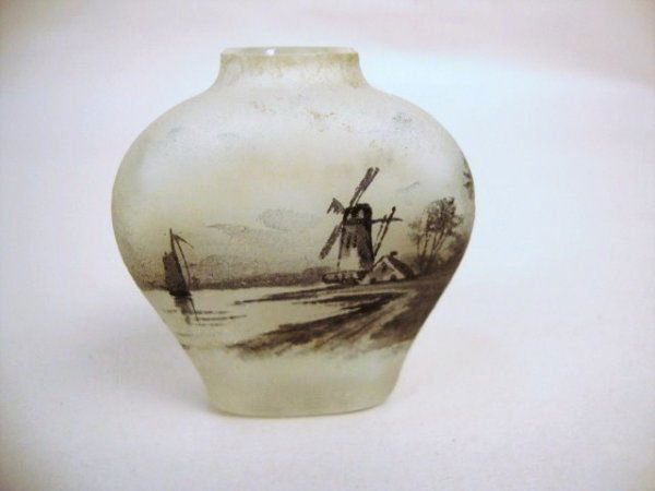 Miniature Daum Nancy Scenic Enamel Vase: Miniature Daum Nancy scenic enamel vase, Dutch windmill scene, signed in enamel on bottom, 1 5/8" H.