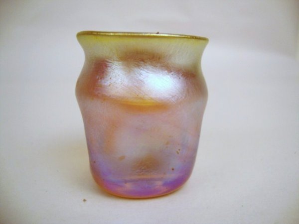 Tiffany Gold Iridescent Dimpled Shot Glass/Toothpi: Tiffany gold iridescent dimpled shot glass or toothpick holder, signed on bottom 1.5" H.