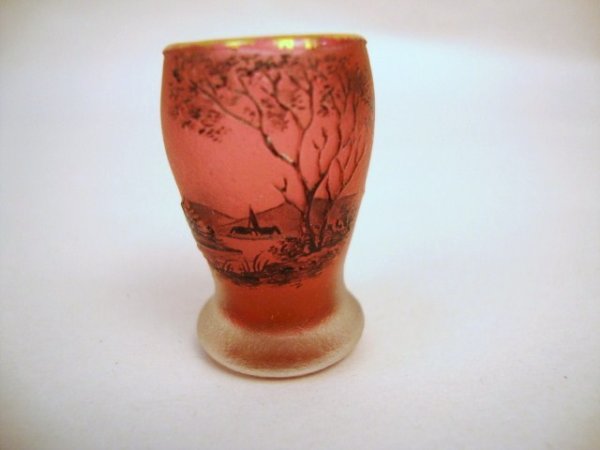 Miniature Daum Nancy Scenic Vase: Miniature Daum Nancy rose colored scenic vase, signed gold gilt on bottom, 1 3/16" H.