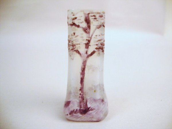 Miniature Daum Nancy Thick Enamel Tree Vase: Miniature Daum Nancy thick enamel tree vase, lavender on white, engraved on bottom, 1 7/8" H.