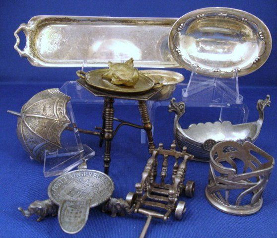 Grouping George Jensen Assorted Sterling and Other: George Jensen oval centerpiece bowl on four ball feet w/bead, meander edge, marked George Jensen, Denmark 243B, English sterling key tray, Birmingham date letter D, small dish elephant figure feet, sm