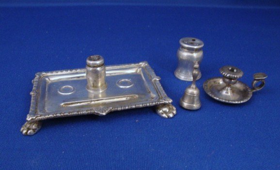 Meyers Desk Grouping: Inkstand of rectangular form on four paw feet, the edge with gadroon molding and shell centers with three raised rings for well, sander and box, and a depression for pen, with its sander. Marked on ba