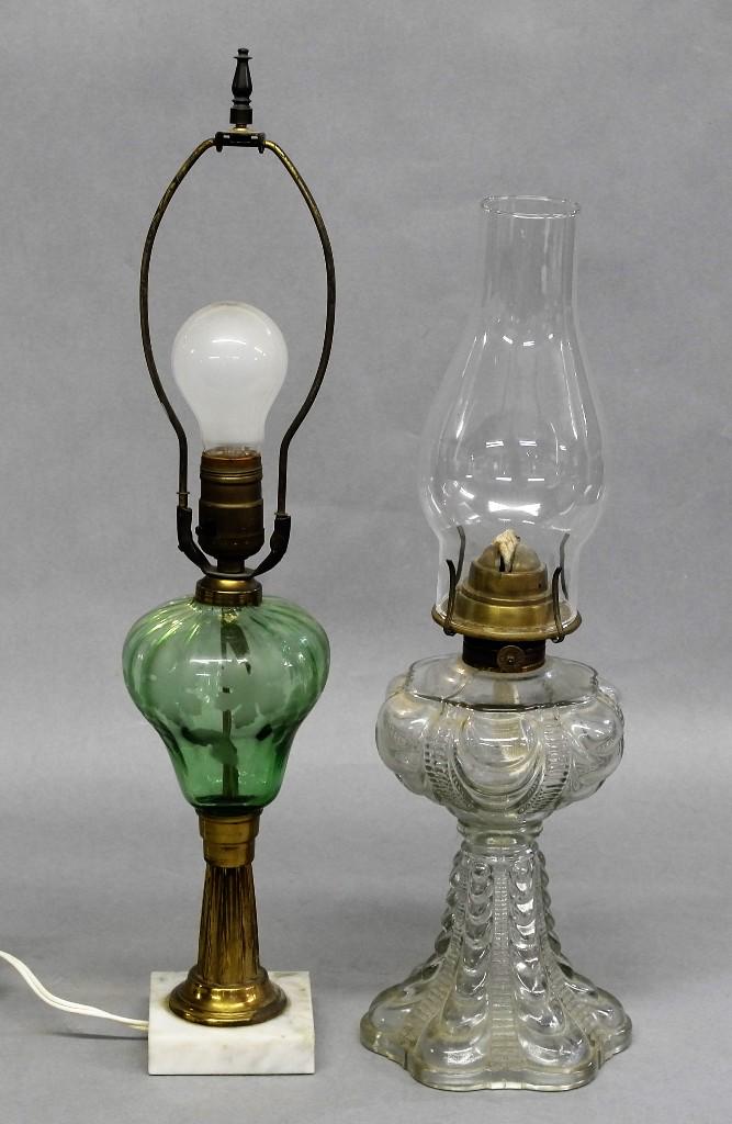 Lincoln Drape & Parksburg Antique Lamps: Antique pressed glass kerosene lamp in Lincoln Drape pattern 18.5"H, Parksburg style electric lamp with etched green font on marble base 21"H to top of finial
