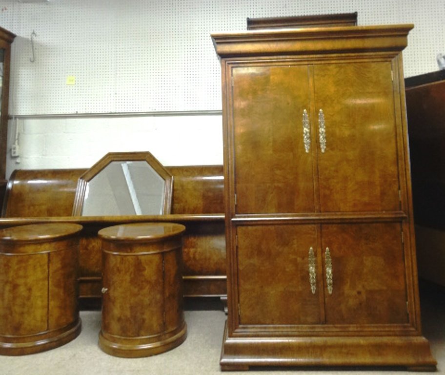 Henredon Charles X Bedroom Set: Nice quality Henredon bedroom set in the Charles X style, armoire has two top doors covering a divided shelf and two drawers, base has two doors covering three drawers, 42"W, 21"D, 68"H, matching king