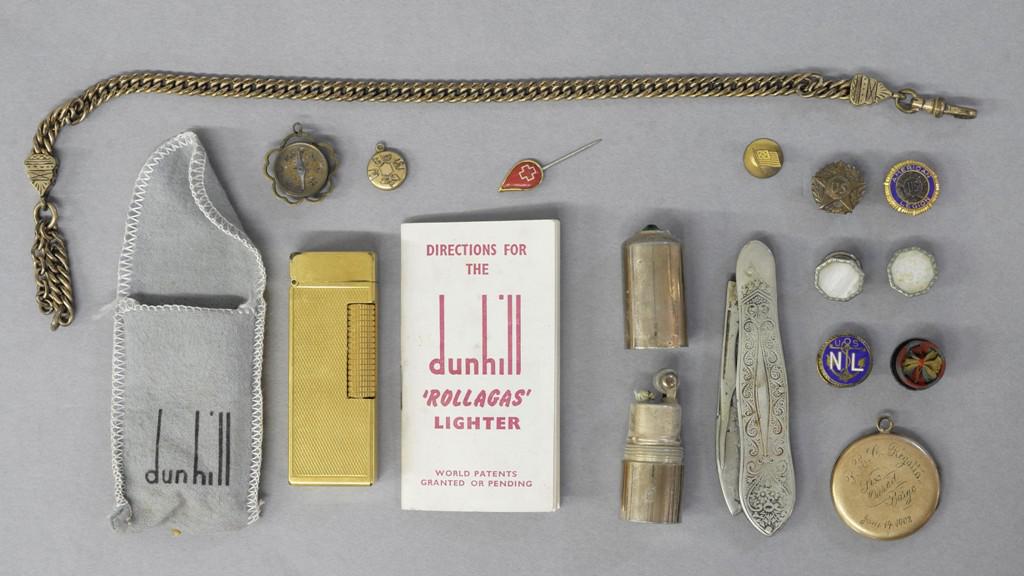 Dunhill Lighter & Men's Accessories: Vintage Dunhill lighter with felt pouch and instructions, bullet shaped lighter, antique golf filled trophy locket "P.B.C. Regatta Six Oared Barge June 14th 1902", antique gold filled or plated watch