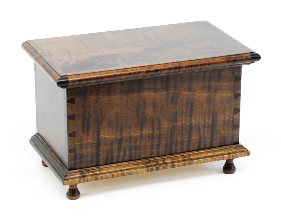 Bench Made Miniature Blanket Chest: Small contemporary blanket chest, high figured tiger maple with dovetails, turned feet, 9.75"W, 5.5"D, 6.25"H