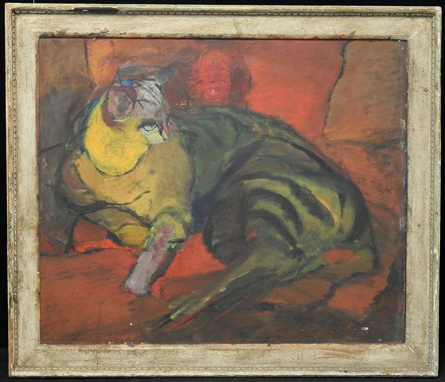 New Hope Modernist School Painting Frame Ben Badura: Vintage painted picture frame signed "Property Of Bernard Badura New Hope Bucks Co. Pa., inside dimensions 20.5" by 24.5", outside dimensions 24" by 28", contains a very interesting vintage unsigned i