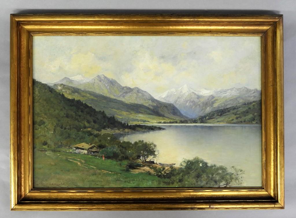 George H. Smillie Landscape Oil Painting: George H. Smillie [New York & California 1840 - 1921] antique oil painting on canvas signed Geo. H. Smillie N.A., label on frame from Newmann Galleries Phila., label on back identifies as "Lake Zell" 