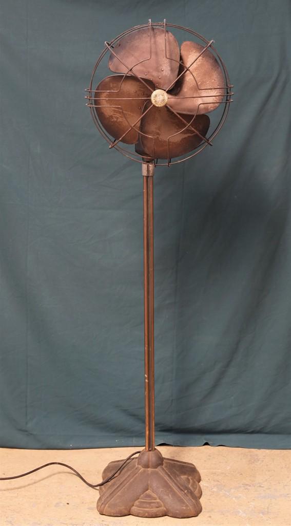 Westinghouse Art Deco Floor Fan: Vintage Westinghouse Art Deco style floor fan, cast iron propeller form base, adjustable height and speed, 63"H at lowest height, 18"D wire guard, buyer must arrange shipping or pick-up