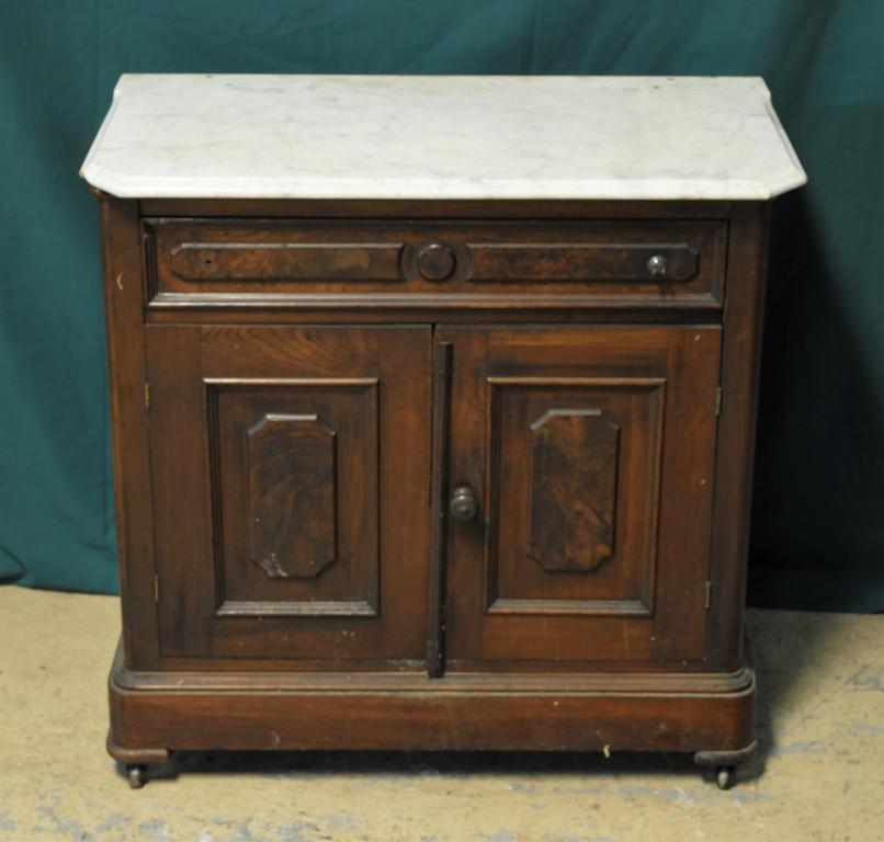 Victorian Marble Top Wash Stand: Antique late Victorian wash stand, marble top with thumb molded edge, mahogany case has a single drawer over two doors with burl veneer over raised panels, 32"W, 18"D, 31"H, buyer must arrange shippin