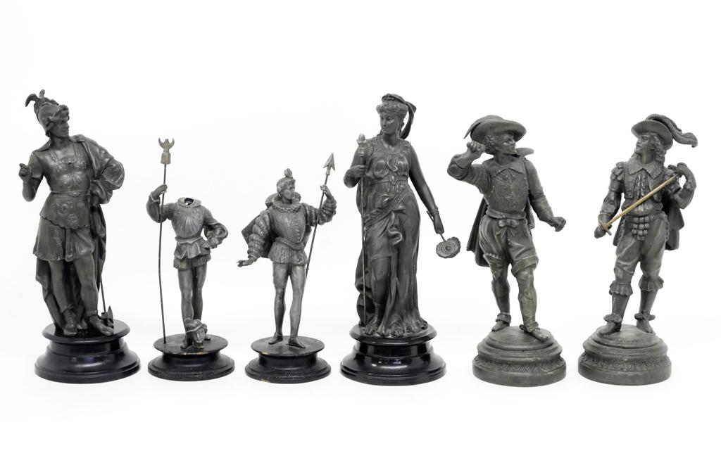 Military Theme Lamp Garnitures: Pair of antique musketeer lamp garnitures, spelter with applied patina missing one sword 13"H, pair of Renaissance guard garnitures with a detached head and missing a pole arm, spelter with applied pa