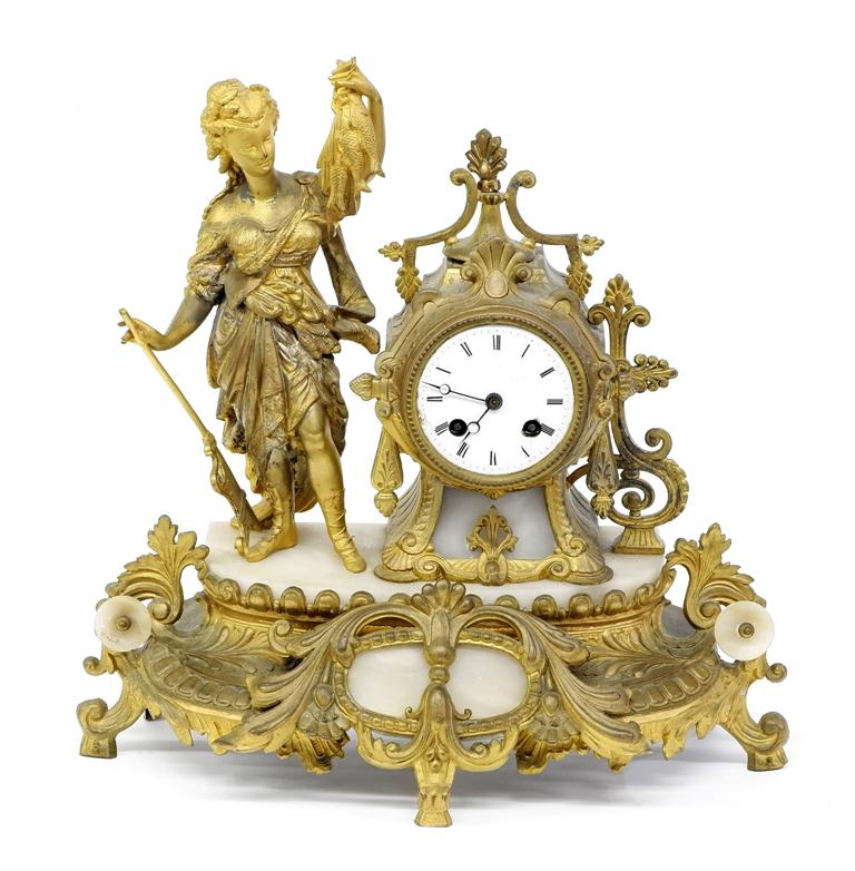 P.H. Mourey French Mantle Clock: Antique French mantle clock, case signed "10 P.H. Mourey 75" for Phillipe Mourey, eight day time and strike movement, sheet brass base with ormolu front legs and alabaster top, cast spelter statue of