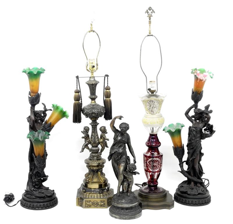 Vintage & Contemporary Figural Lamps: Vintage table lamp with two putti and black marble at base, cast spelter with a applied bronze patina 29"H to top of socket, antique lamp base with a figural maiden and angel with applied patina 19.5"